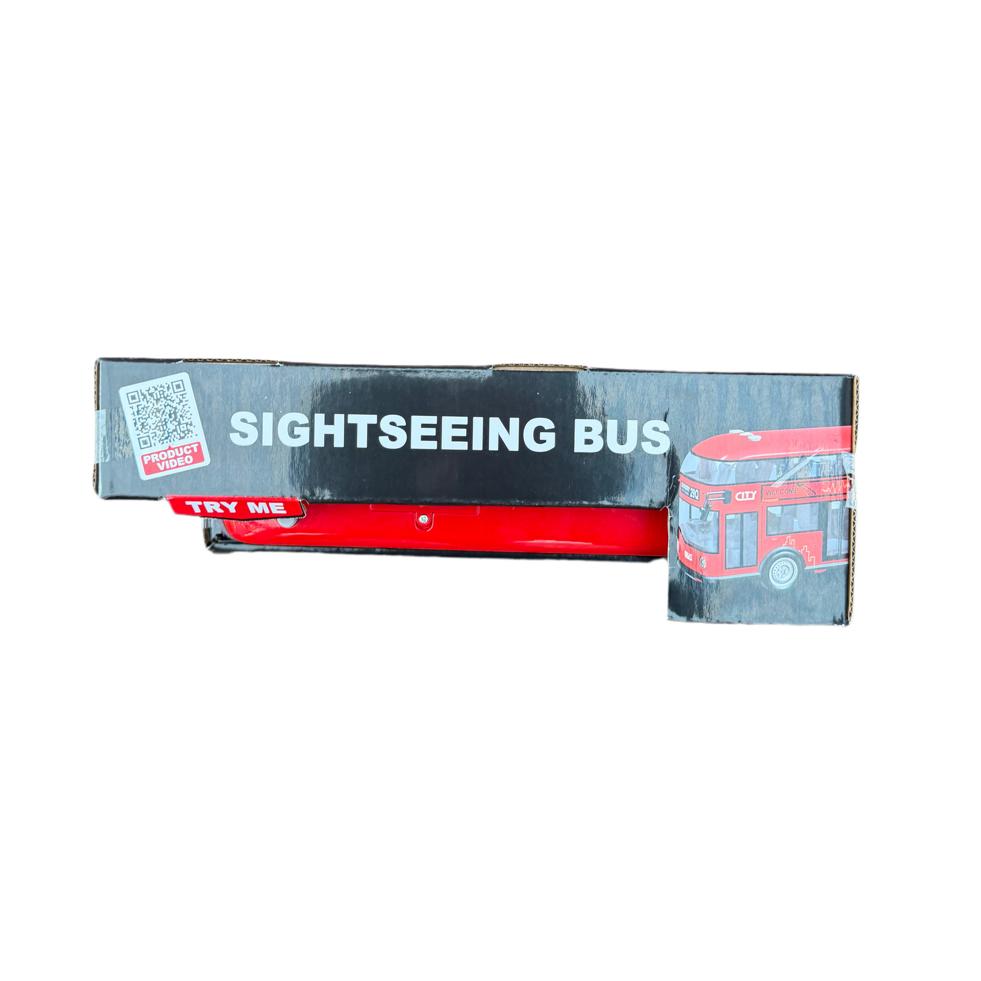Red toy bus for children with retail packaging