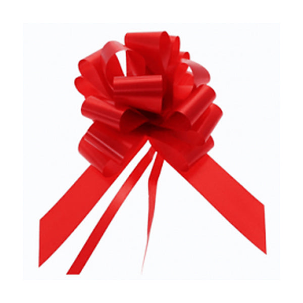 Red gift pull bow shown assembled with ribbon tails