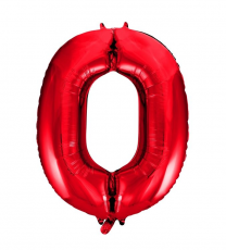 Inflated red number 0 foil balloon on a white background