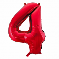 Inflated red number 4 foil balloon on a white background