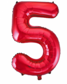 Inflated red number 5 foil balloon on a white background