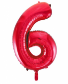 Inflated red number 6 foil balloon on a white background