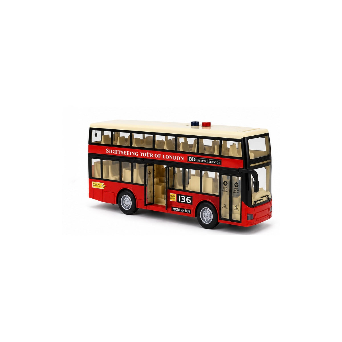 Model of a red double-decker bus on a white background
