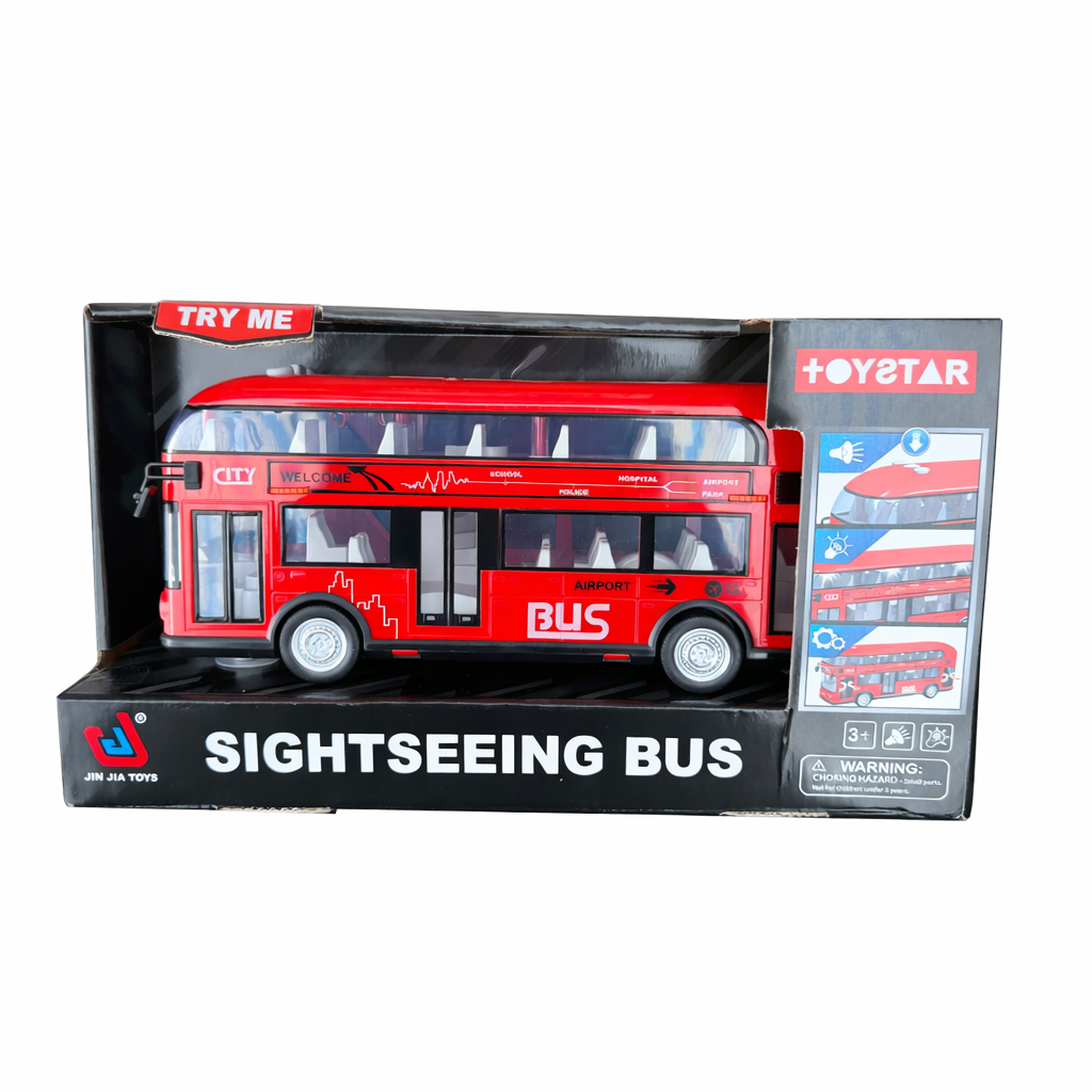 Red sightseeing bus toy with lights and sound
