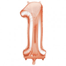 Rose gold number 1 foil balloon on a white background
