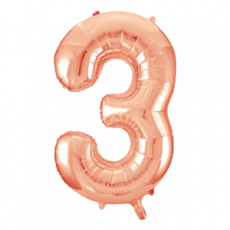 Rose gold number 3 foil balloon on a white background