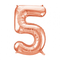 Rose gold number 5 foil balloon on a white background