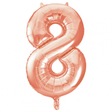 Rose gold number 8 foil balloon on a white background