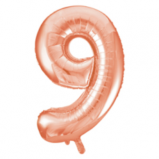 Rose gold number 9 foil balloon on a white background
