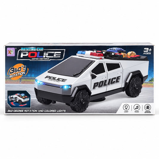 Rotating police car toy packaging showing a silver vehicle, lights and 360-degree rotation