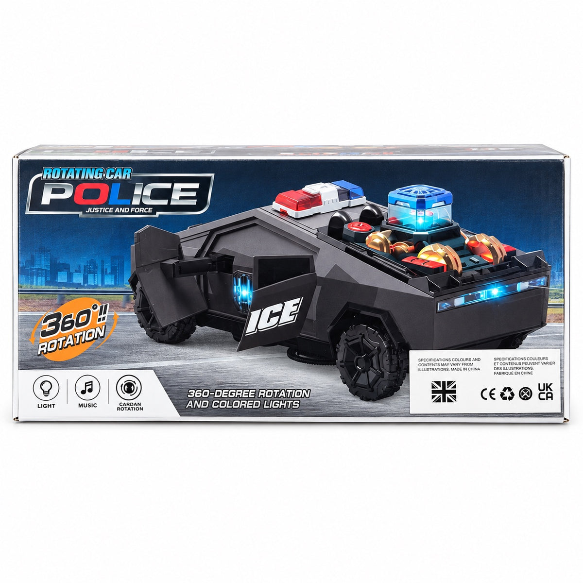 Rear packaging of rotating police car toy showing open doors and coloured lights