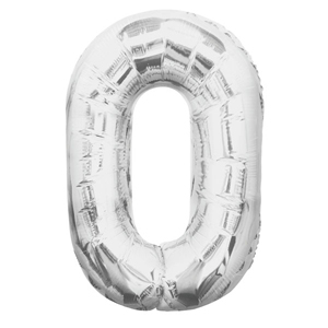 Inflated silver number 0 foil balloon on a white background