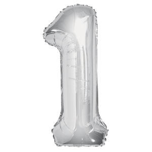 Inflated silver number 1 foil balloon on a white background