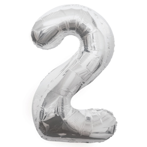 Inflated silver number 2 foil balloon on a white background