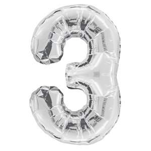 Inflated silver number 3 foil balloon on a white background