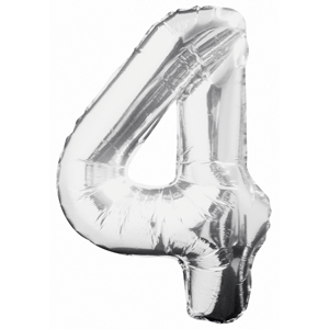 Inflated silver number 4 foil balloon on a white background