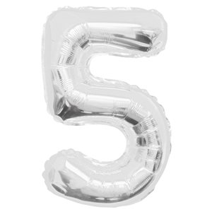 Inflated silver number 5 foil balloon on a white background