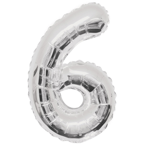 Inflated silver number 6 foil balloon on a white background