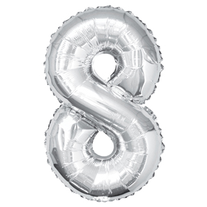 Inflated silver number 8 foil balloon on a white background