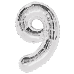Inflated silver number 9 foil balloon on a white background
