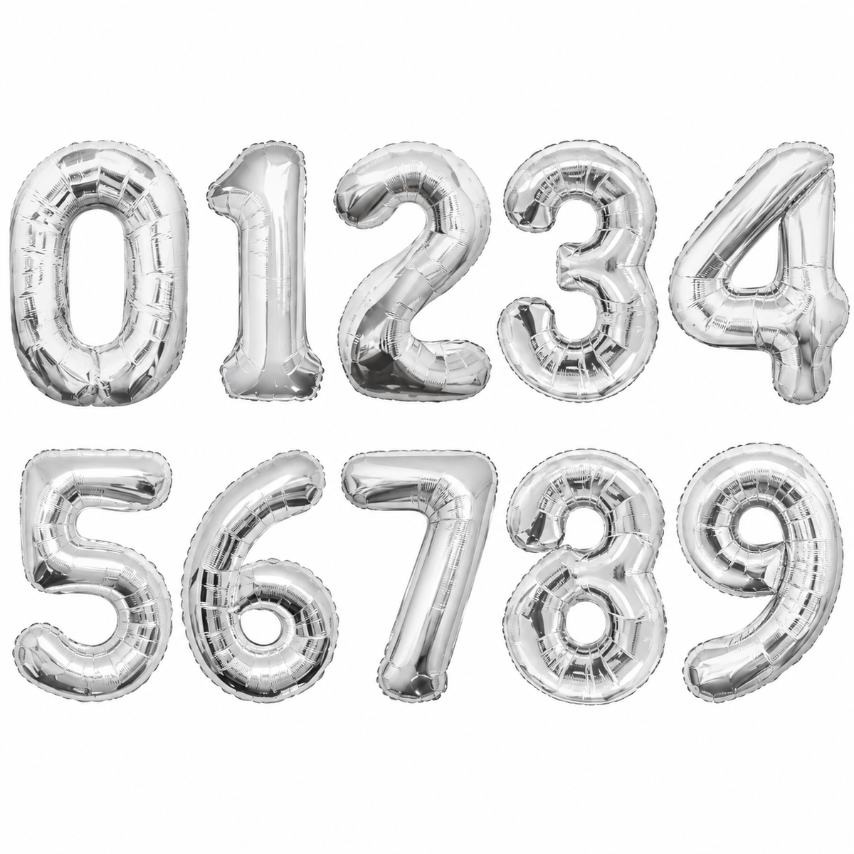 Silver number foil balloons 0–9 for birthdays and party decorations