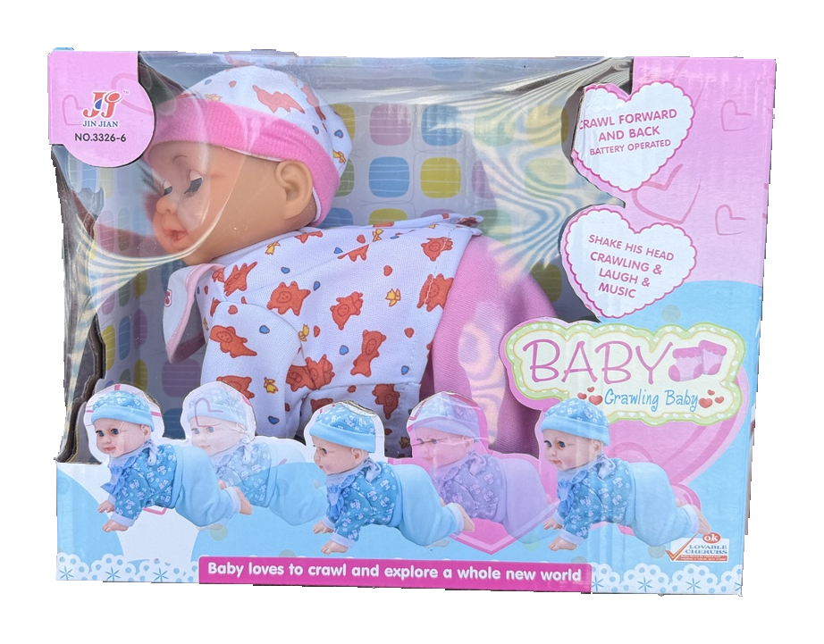 Small Jin Jian crawling baby doll with pink hat and animal-print outfit