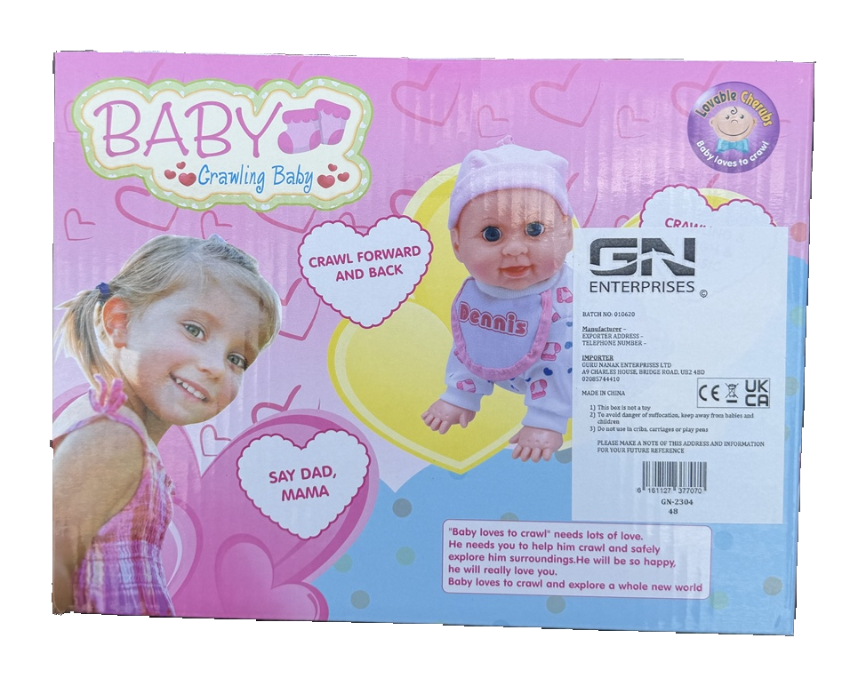 Small crawling baby doll packaging showing movement and sound features