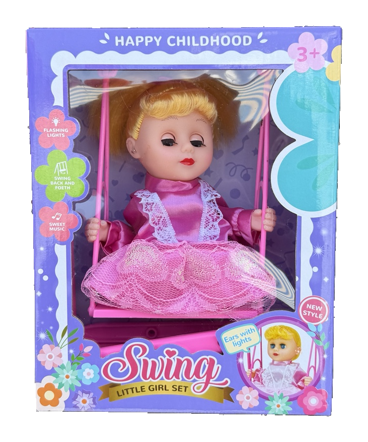 Blonde doll in pink dress seated on a pink toy swing in its retail box
