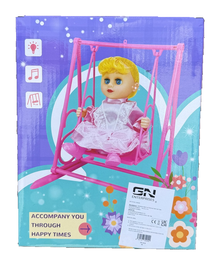 Swing doll packaging showing the swing frame and light and music features