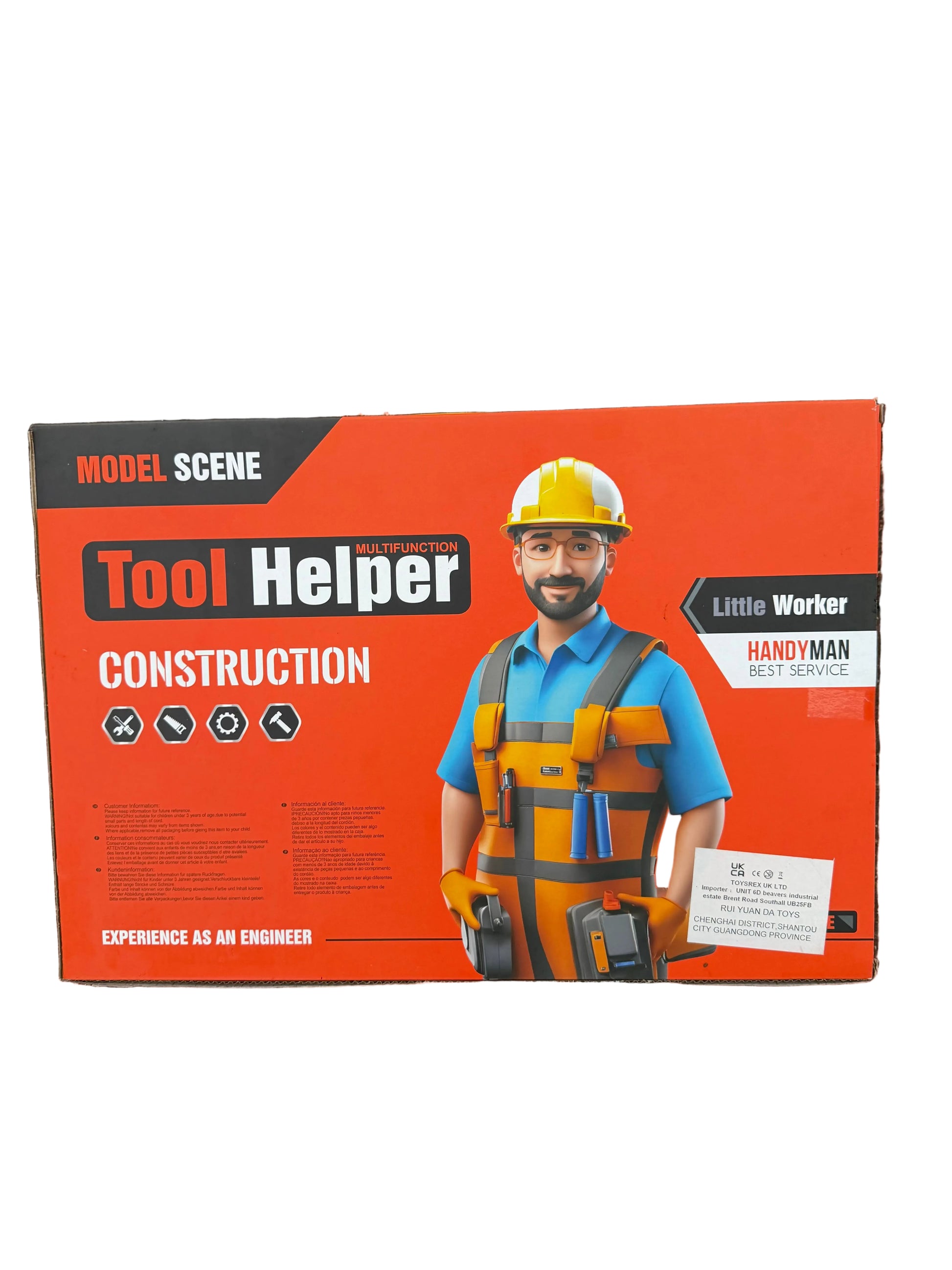 Box for a toy construction worker set with an orange background and model scene branding.