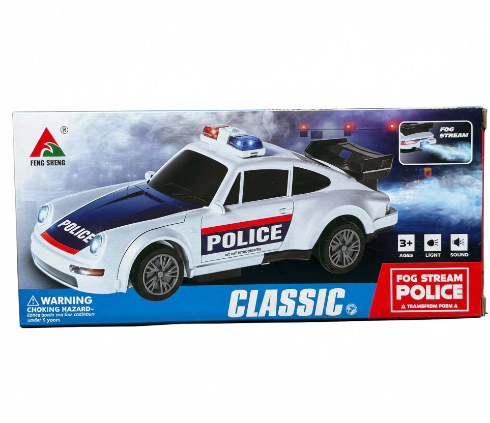 Boxed toy police car with lights and sound features