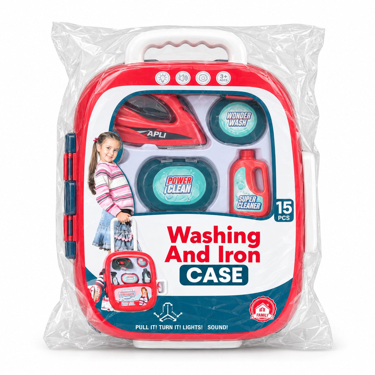 15-piece washing and ironing pretend play set in a red carry case