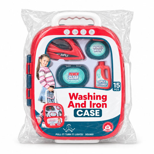 15-piece washing and ironing pretend play set in a red carry case